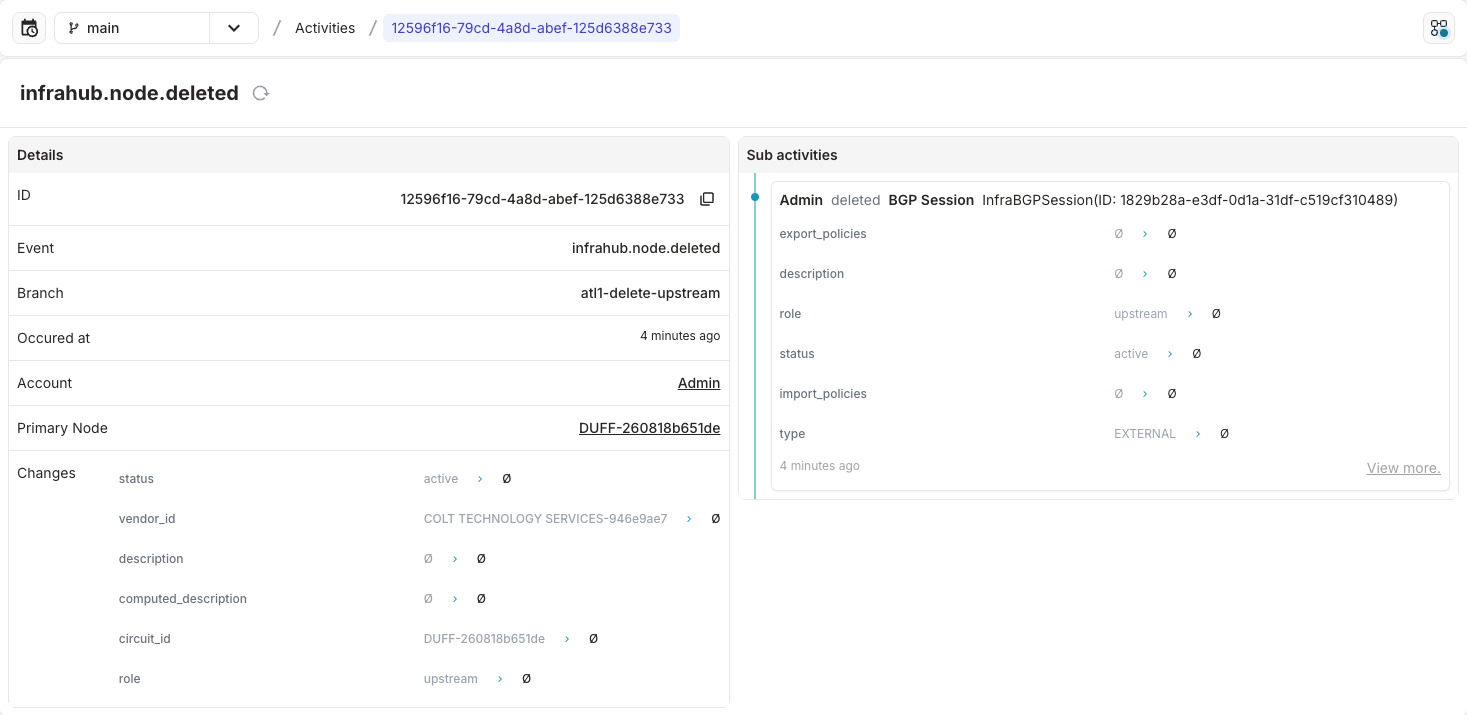"Example screenshot of Infrahub 1.2 showing the Activity Log entry details."